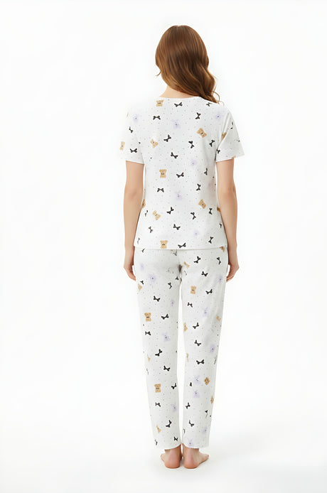 Bodycomfy Women's Printed Soft Cloud Night Suit - Irish Cream With Teddy Print