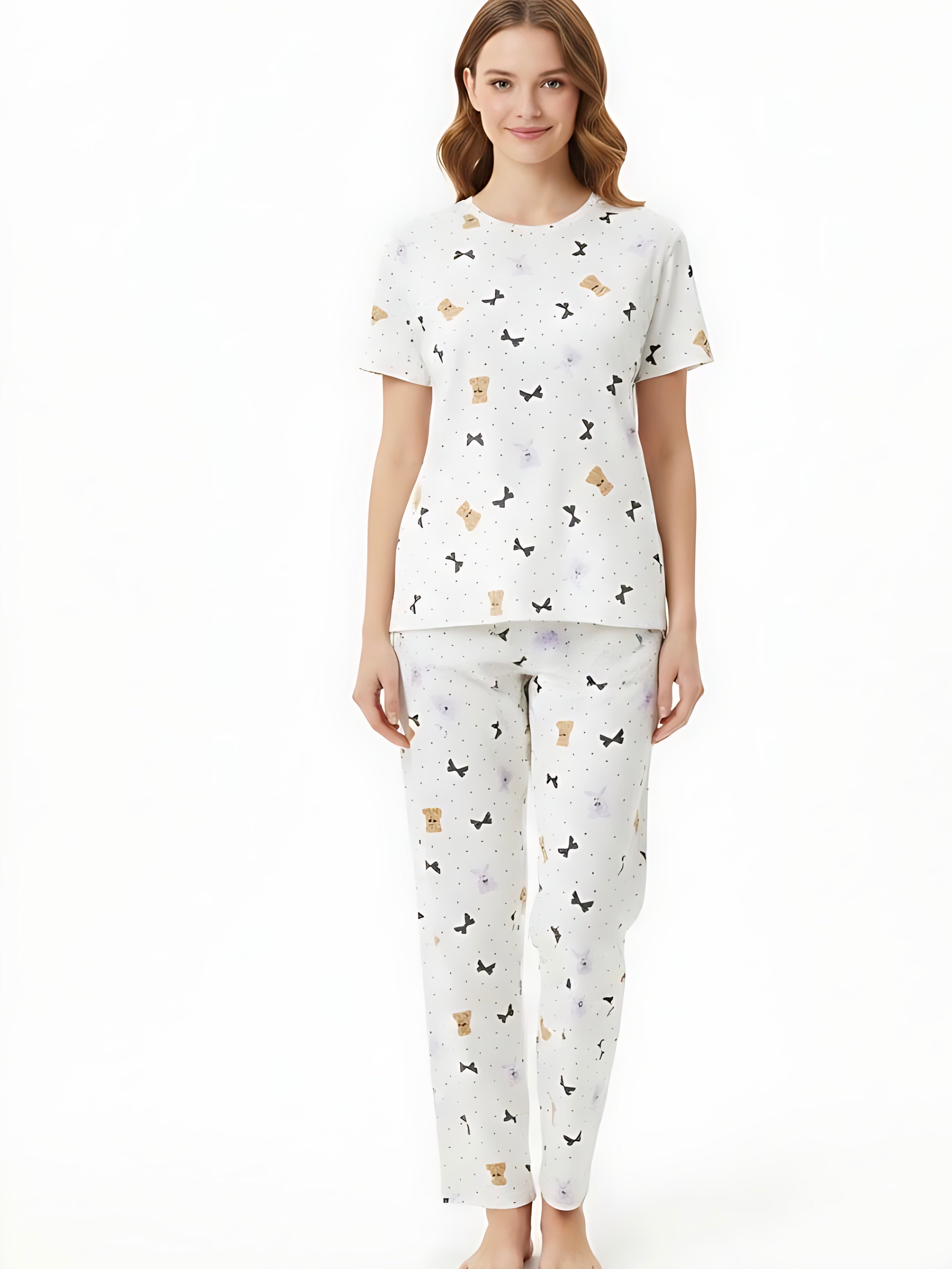 Bodycomfy Women's Printed Soft Cloud Night Suit - Irish Cream With Teddy Print