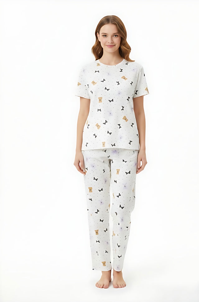Women Printed Soft Cloud Night Suit Set with Round Neck Top and Pyjama for Comfortable Sleepwear and Lounge Wear