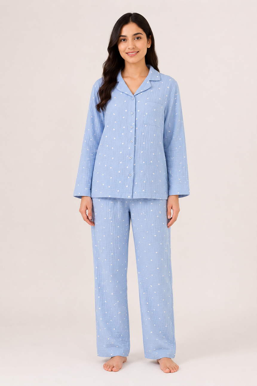 Bodycomfy Women Printed Muslin Night Suit - Pastel Blue With Heart Print