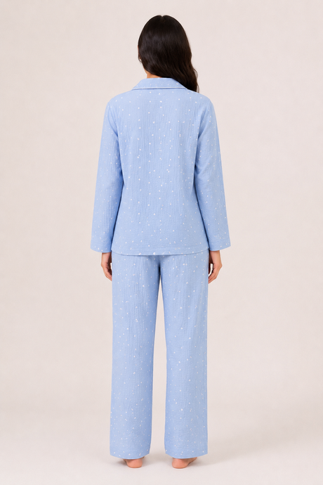 Bodycomfy Women Printed Muslin Night Suit - Pastel Blue With Heart Print