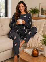 Women’s Navy Blue Star Printed Comfort Night Suit With Round Neck