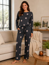 Women’s Navy Blue Star Printed Comfort Night Suit With Round Neck