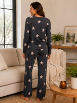 Women’s Navy Blue Star Printed Comfort Night Suit With Round Neck