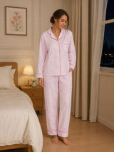 Women's Light Pink Striped Heart Print Soft Cloud Night Suit with Notch Collar & Contrast Piping