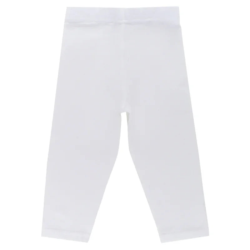 White cotton kids leggings, full length, plain design, back view on white background