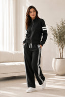 BodyComfy Women’s Black Fleece Tracksuit Set with Contrast White Stripe Detailing