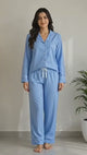 Women's Blue Striped Soft Cloud Night Suit with Notch Collar, Chest Pocket & White Contrast Piping