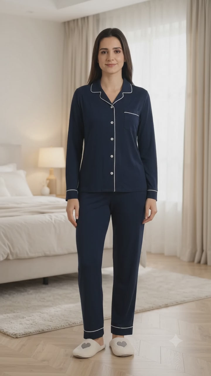 Women Solid Collared Button Front Night Suit for Sleepwear, Lounge Comfort and Relaxed Everyday Nightwear Use