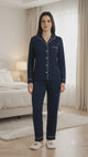 Women Solid Collared Button Front Night Suit for Sleepwear, Lounge Comfort and Relaxed Everyday Nightwear Use