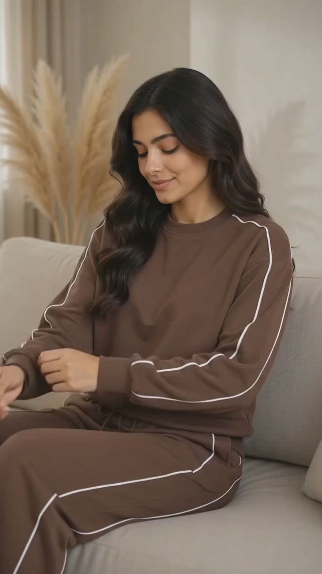 BodyComfy Women’s Brown Fleece Co-Ord Set with Contrast White Piping