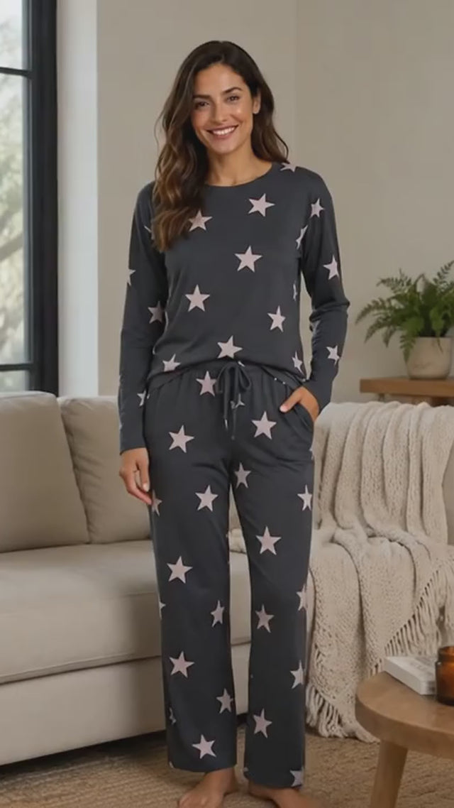 Women’s Navy Blue Star Printed Comfort Night Suit With Round Neck