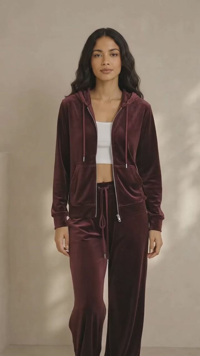 BodyComfy Women’s Velour Hooded Zip-Up Co-Ord Set with Kangaroo Pockets & Wide-Leg Bottoms
