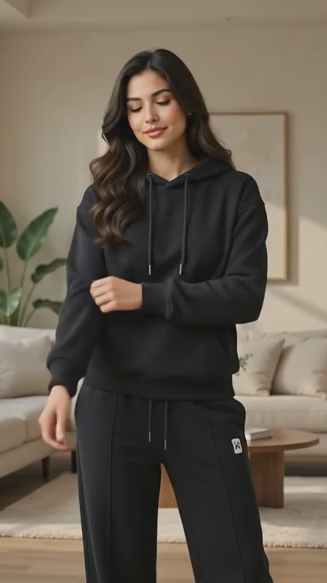 BodyComfy Women’s Black Terry Fabric Set with Hooded & Wide-Leg Pants