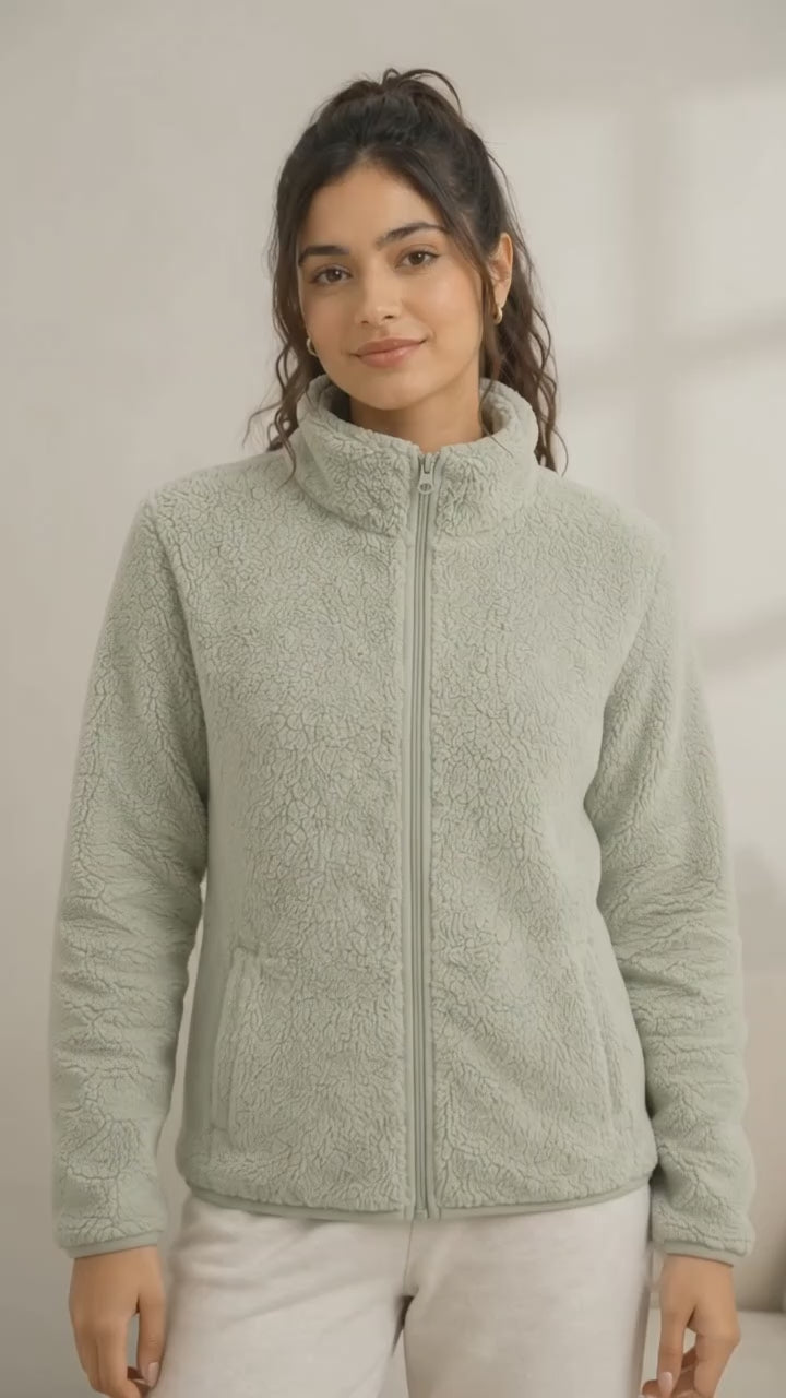 Women's Green Fur Fleece Full-Zip Jacket with High Neck & Side Pockets