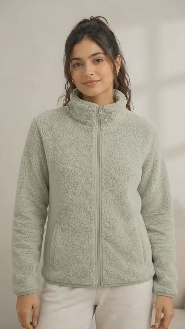Women's Green Fur Fleece Full-Zip Jacket with High Neck & Side Pockets