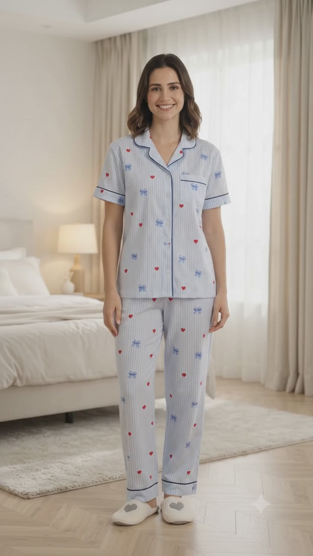 Women Printed Bow and Heart Night Suit Set with Cotton Top and Pajama for Sleepwear and Lounge Comfort