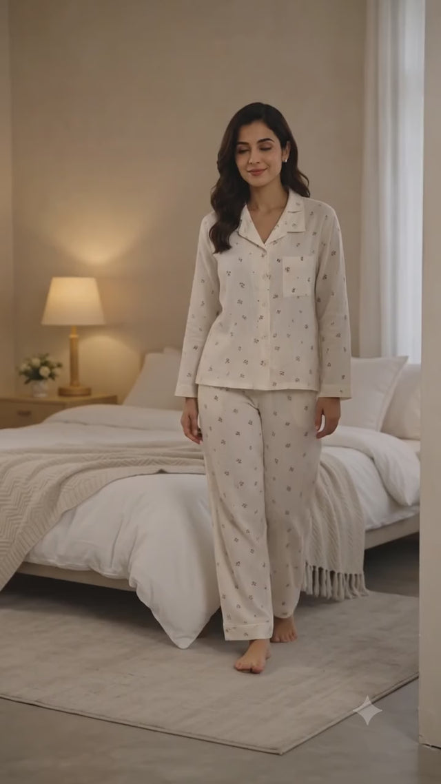 Women Printed Muslin Night Suit Set for Comfortable Sleepwear, Lounge Wear and Everyday Nightwear Use
