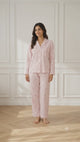 Bodycomfy Women's Cotton Spandex Collared Full Sleeves Night Suit with Pink Flower for Lounge Wear, Sleepwear and Relaxed Everyday Comfort