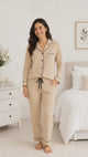 Bodycomfy Women’s Soft Cloud Fabric Night Suit Beige Pyjama Set with Contrast Piping and Button-Front Top