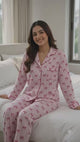 Bodycomfy Women's Printed 100% Cotton Spandex Night Suit - Soft Pink with Striped And Bow Design