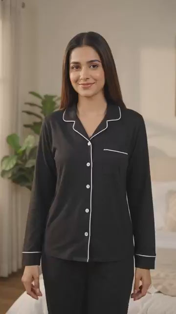 Women Half Sleeve Collared Night Suit with Solid Design for Sleepwear, Lounge Comfort and Relaxed Nightwear Use
