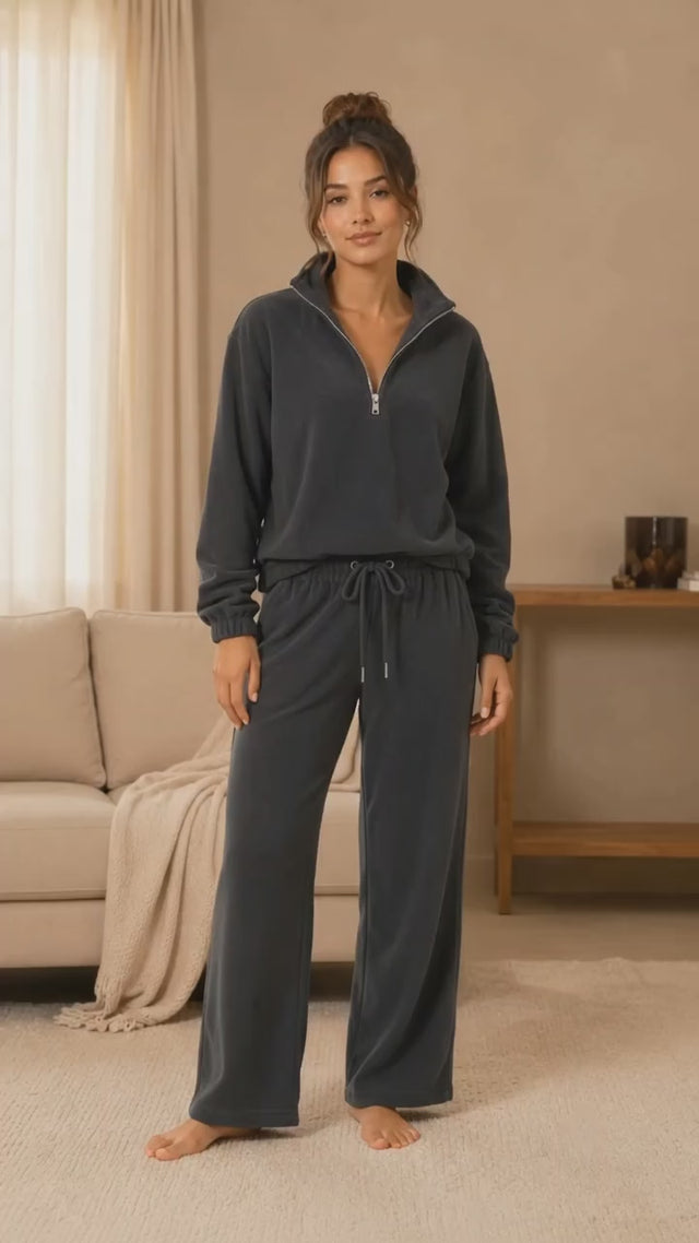 BodyComfy Women’s Polar Fleece deep grey Half-Zip Sweatshirt & Wide-Leg Jogger Set