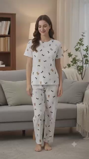 Women Printed Soft Cloud Night Suit Set with Round Neck Top and Pyjama for Comfortable Sleepwear and Lounge Wear