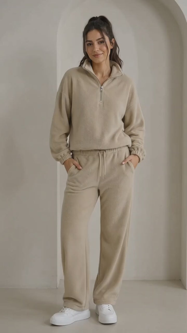 BodyComfy Women’s Polar Fleece Beige Half-Zip Sweatshirt & Jogger Set