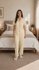 Bodycomfy Women Irish Cream 100% Cotton Collared Half Sleeve Night Suit with Solid Styling for Sleepwear and Relaxed Everyday Comfort