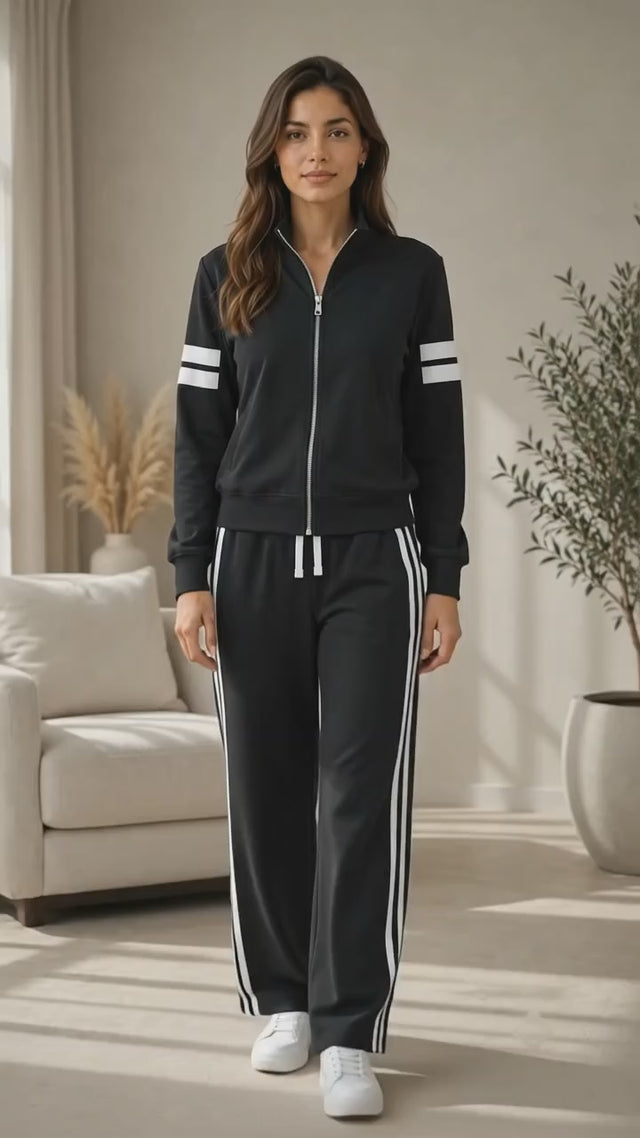 BodyComfy Women’s Black Fleece Tracksuit Set with Contrast White Stripe Detailing